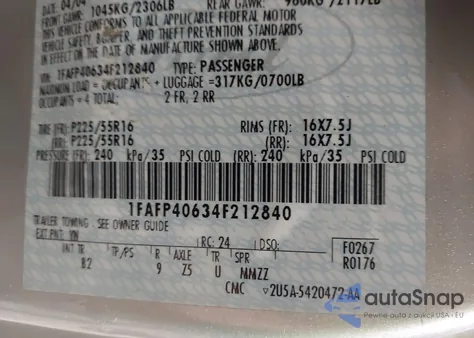 2004 Ford Mustang из США, поврежденный, VIN 1FAFP40634F212840